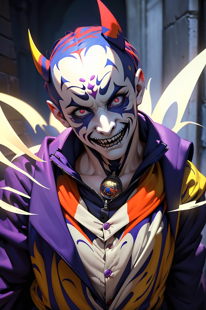Adult guy, white clown mask, purple hood and cloak, white T-shirt, purple print on T-shirt, black jeans, magic masks flying around, Masterpiece, best quality, Full HD, 8k, ultra details, great graphic