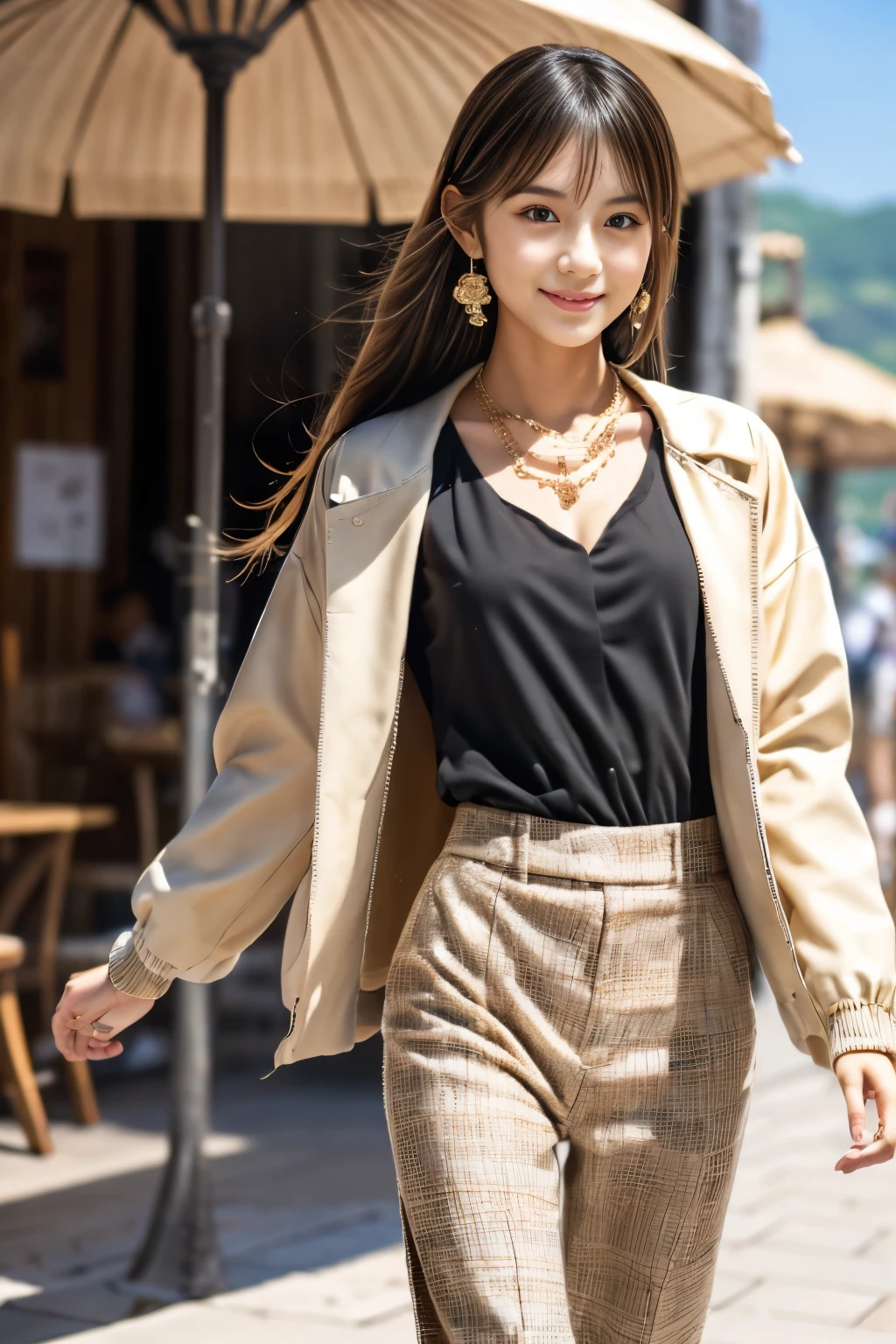 (Masterpiece:1.3), (8K), (Best Quality:1.4), (UHD:1.2), (Photorealistic:1.3),( Raw Photography), (1girl), (Ultra High Detailed), (Detailed face), very perfect beautiful and cute face, (Detailed hair), Beautiful hair, bangs, (symmetrical eyes:1.3), (Detailed eyes), (Detailed skin), Realistic skin, shiny skin, Ultra high definition, (slim figure), (super model figure), gentle smile:1.2, (A very beautiful and cute Japanese girl with a gentle expression), BREAK 22yo, 

( wearing a high fashion Haute couture jackets and trousers, straw hat ), Earrings, necklaces, bracelets, sandals, 
cute Japanese girl, pretty Japanese girl, on the beach, walking