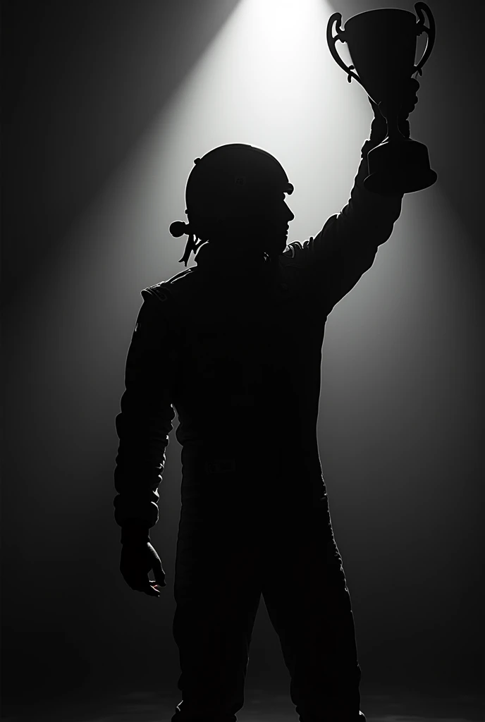 Silhouette of a race car driver man with a trophy in hand celebrating 
