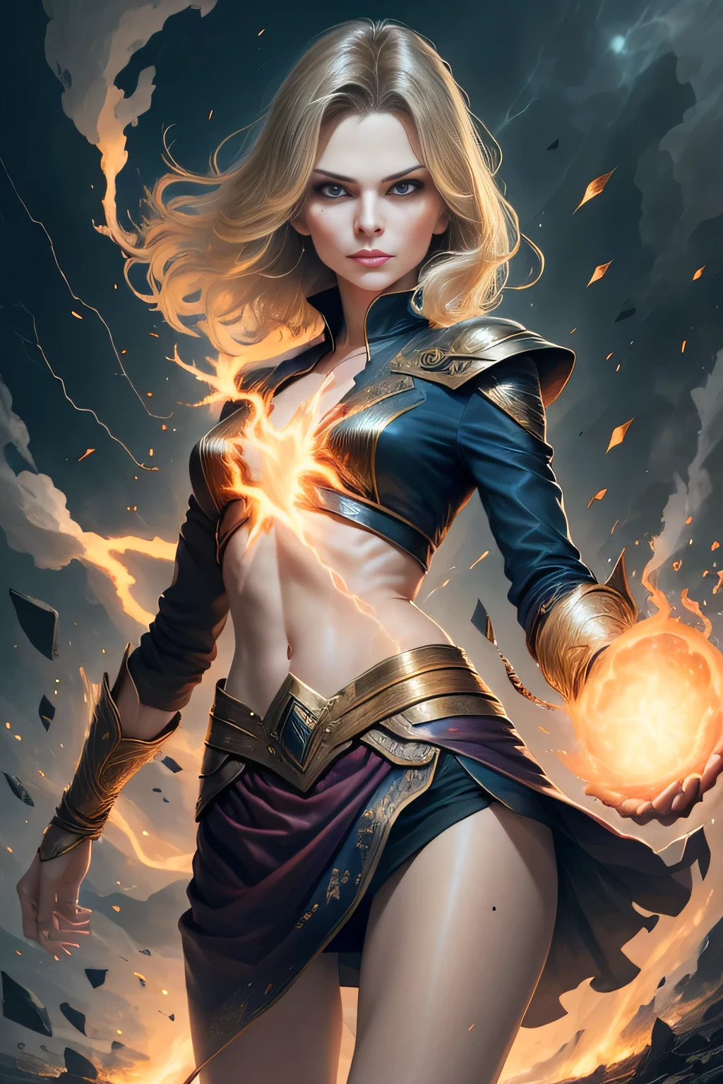 1 beautiful woman "Michelle Pfeiffer",(Caucasian skin), fire storm, Lightning in the hand, a skirt,glowing light eyes,light in eyes