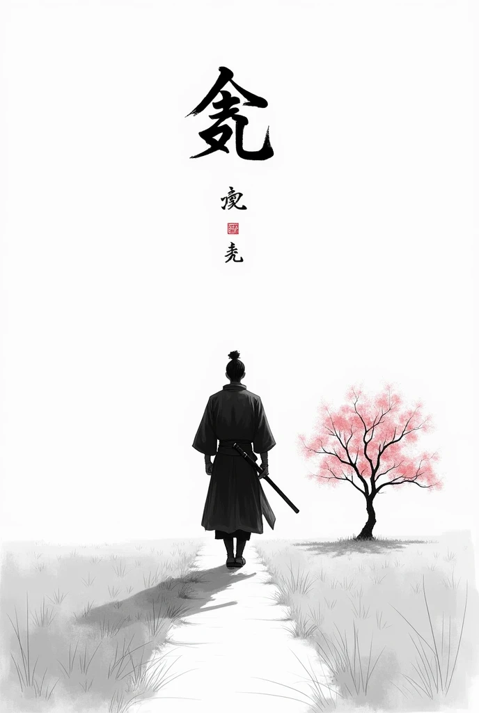 black and white drawing in Japanese style, Samurai in the distance (man, adult person) with a sword at his waist walking on a path through a field, a single pink cherry blossom tree nearby, The picture above shows a Japanese kanji "quiet". Everything is harmonious around