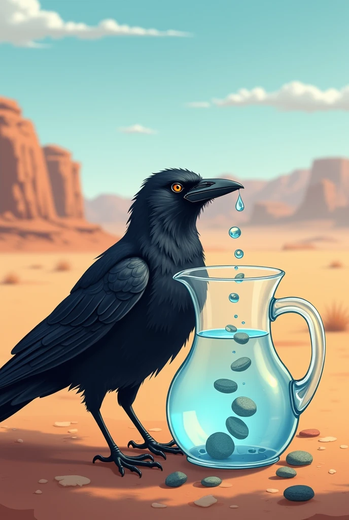 The crow happily drinking water from the pitcher, looking relieved.

The pitcher with water level touching almost top of pitcher as more pebbles are added by the thirsty crow.  and the pitcher is made of transparent glass in which there are half pebbles and the water level has raised.
Make water more visible
The background is desert
Image size is 16 by 9