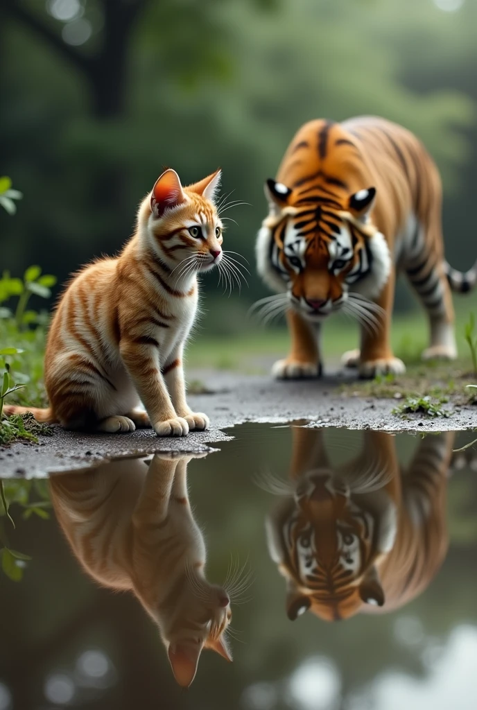 Generate just a cat looking into a puddle of water and the cat's reflection looks like a tiger