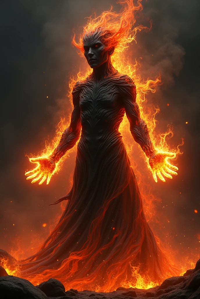 Make a spirit that their entire body is made of black fire , that they throw fire from their hands, that has an aura of fire that is a man, that your body be of pure lava and fire