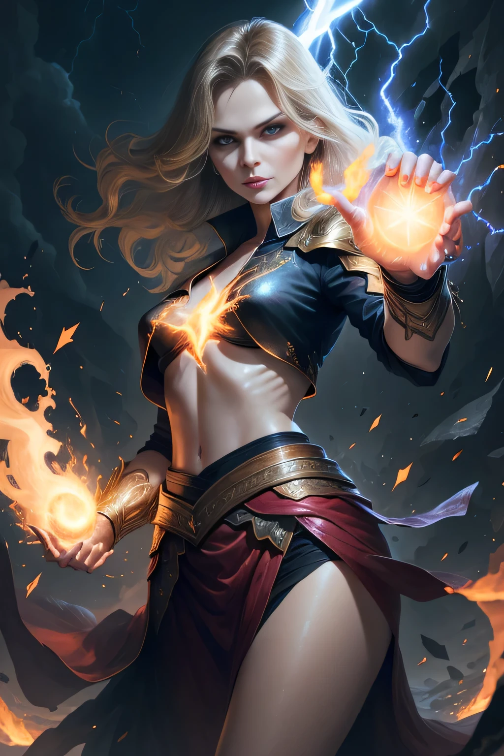 1 beautiful woman "Michelle Pfeiffer"，(Caucasian skin)， fire storm, Lightning in the hand, a skirt,glowing light eyes，light in eyes
