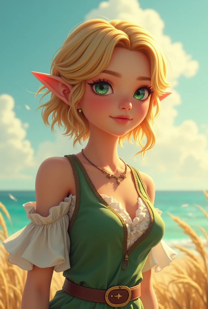 ((work of art)),(illustration),(((best qualityer)),iridescente, high resolution illustration,incredible,high resolution,intricate-detail, Extremely detailed CG 8k unity wallpaper ((Zelda)), whole body, breastsout, (Delicate and cute face), short blonde hair, love Struck,(greeneyes), ssmile, happy, Youngh adolescente, narrow waisted, Youngh, , seducer, tight body, mostrando os breastsout, Wavy hair, plein-air, pose sexy, 比基尼, neckleace, kitten