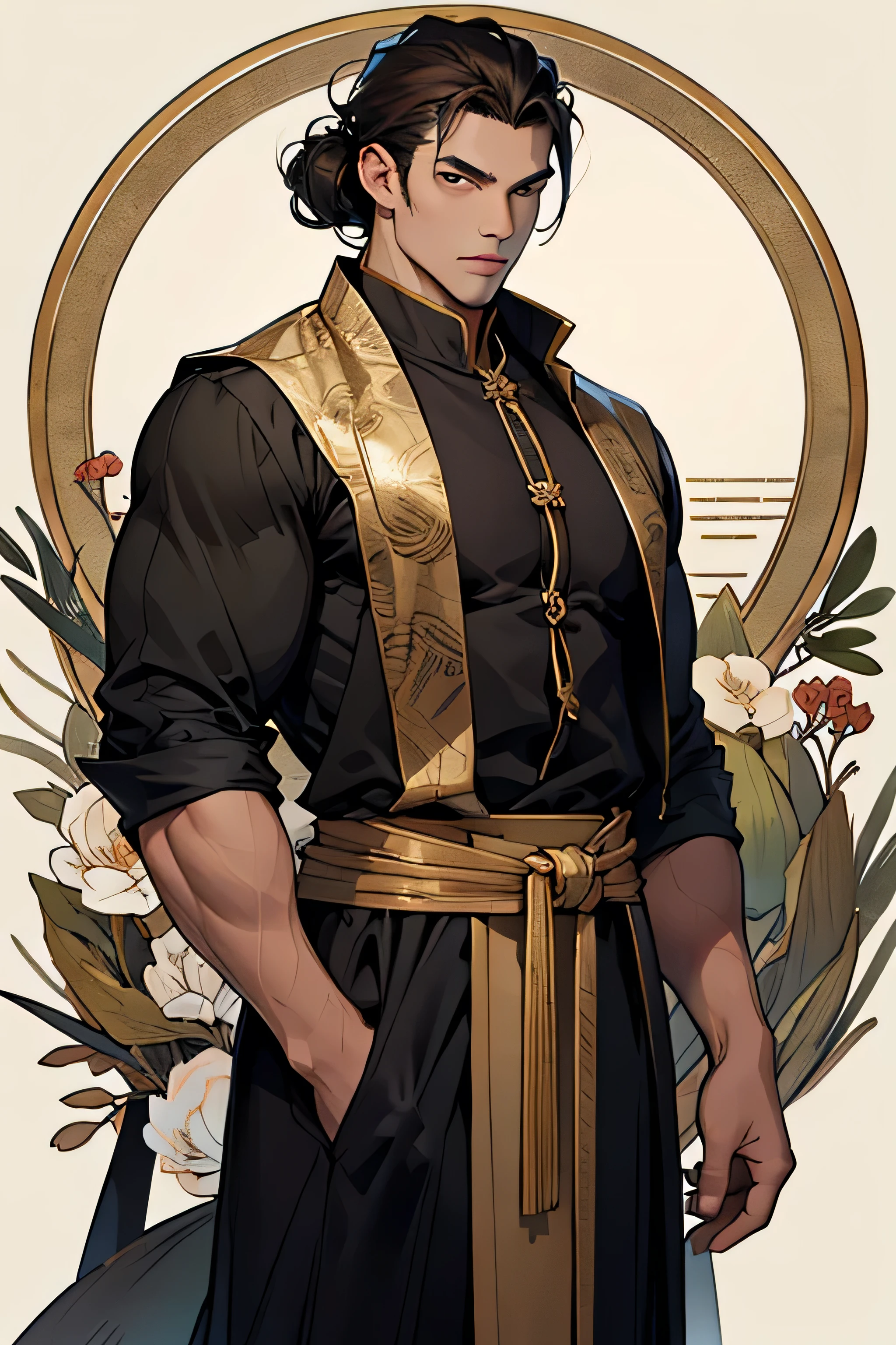 A light-skinned man, beautiful big black eyes, long, messy dark hair and slightly muscular. oriental costumes.