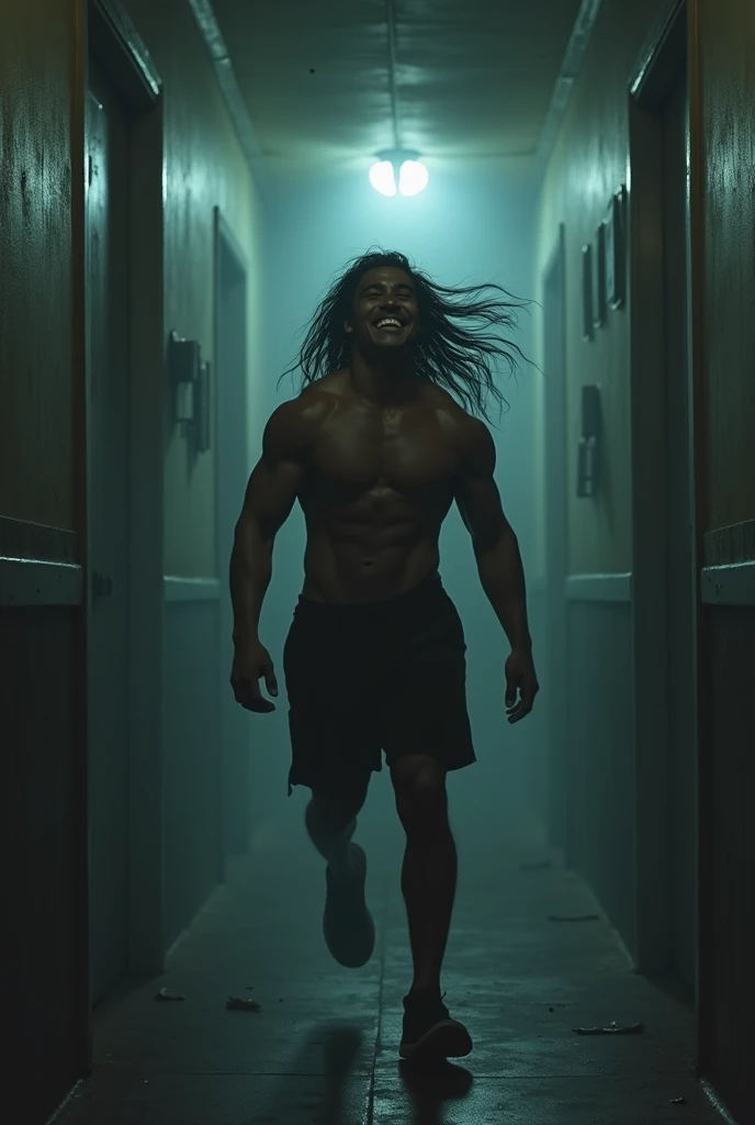 an athletic build laughing dark skin Filipino man with long hair in a hallway, nightmare 