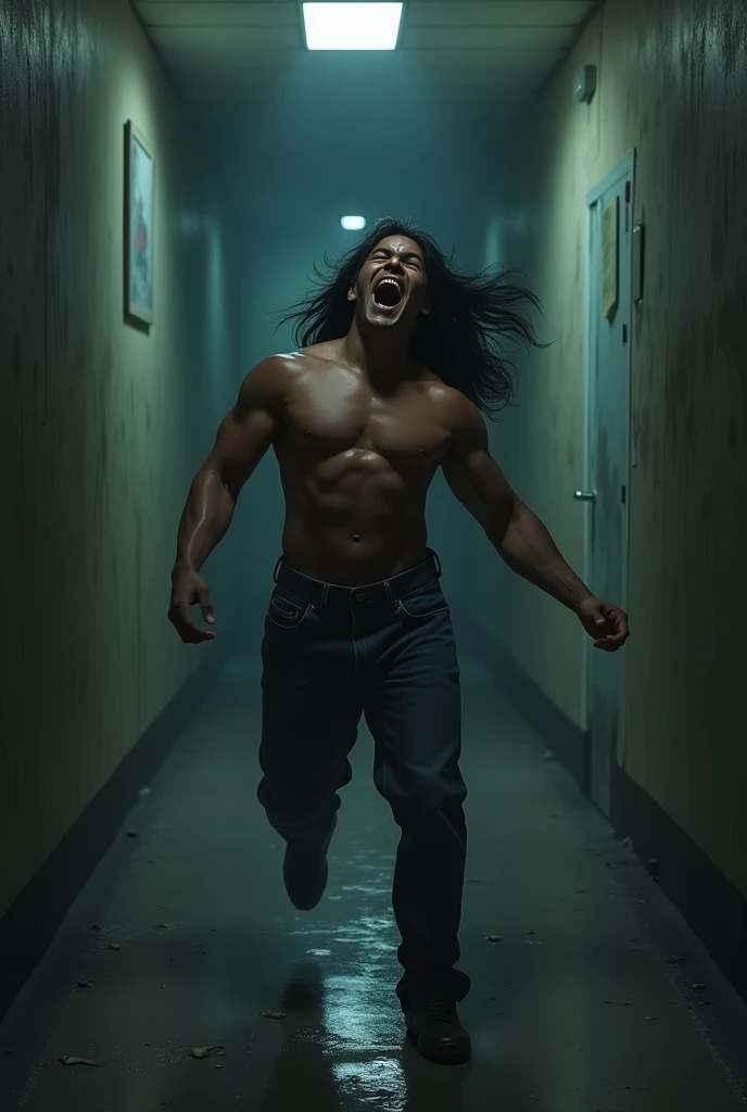 an athletic build laughing dark skin Filipino man with long hair in a hallway, nightmare