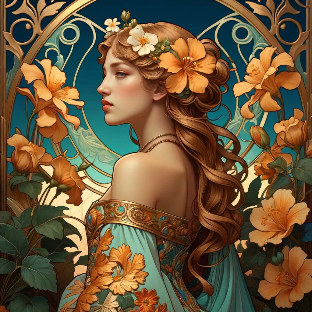 old (Masterpiece, Best Quality, Highres:1.2) Art Nouveau Style Beautiful Woman with Long Hair Shaped as Flowers in the Style of Alphonse Mucha, portrait of a beautiful cute, very beautiful, standing artistically, realistic natural, professional light distribution, very artistic lighting gradation, artistic detail, highly detailed, centered, Nymph-pattern vintage wallpaper with dramatic backlighting casting deep shadows, featuring a meticulously crafted illustration inspired by Dan Mumford and Alphonse Mucha, , realistic chest, thin build, hyper-realistic and photorealistic textures, extremely detailed with intricate floral and foliage elements, octane rendered in 8K (extremely detailed 8k wallpaper), Golden ratio, hidden ancient Greek symbols (, Spiral), balanced design, color harmony, Vernis Martin, golden, ancient mythology, artistically twisted edges, reminiscent of old-world craftsmanship with a contemporary edge, volumetric lighting, ultra fine details, floral, .Roman clothing. She wears a  Strapless dress, Roman dress, Open Chest and elegant embroidery, Oriental accessories.
