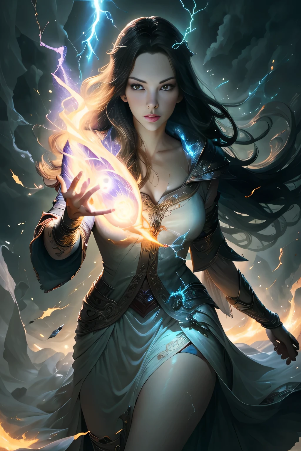 1 beautiful woman "Liv Tyler"，(Caucasian skin)， fire storm, Lightning in the hand, a skirt,glowing light eyes，light in eyes