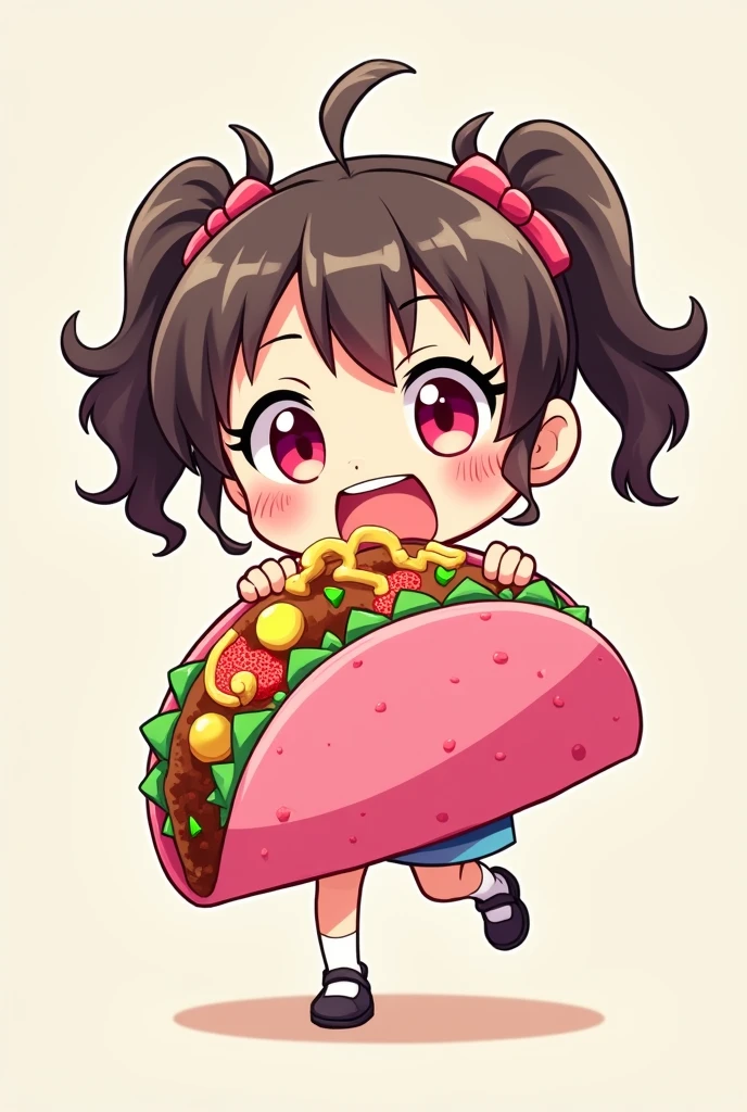 Anime girl mascot eating a taco with a pink tortilla