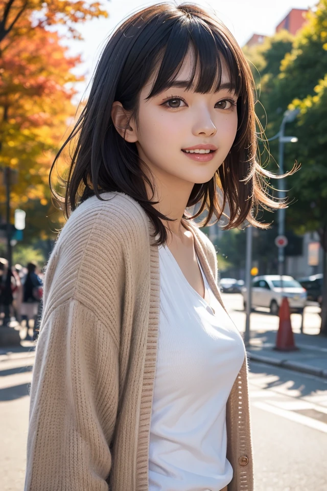 1girl, (16years old), solo, standing, (tiny body:1.2), medium breasts, upper body, from side, looking at viewer, ((masterpiece)), ((extremely detailed face)), best-quality, hyperrealistic, high-resolution, intricate detail,(beautiful detailed eyes and lips), (best-shadow an extremely delicate and beautiful), beautiful white skin, perfect ???????, (smile:1.2), (open mouth), medium length hair, straight hair, blunt bangs, (floating hair:1.2), (blowing:1.1), good ray, cardigan, street, autumn leaves, red sun set, good rays, backlit