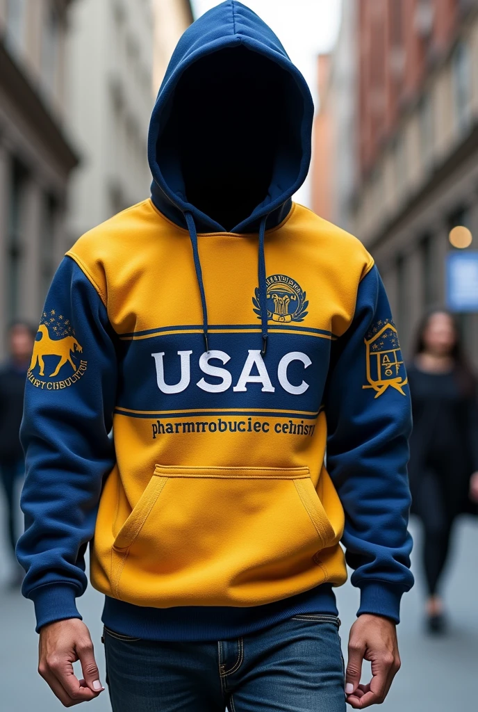 Give me a design for a hooded sweater for the 2024 career closing that says: USAC, pharmaceutical chemistry, 2024, last name and bring drawings according to the career
