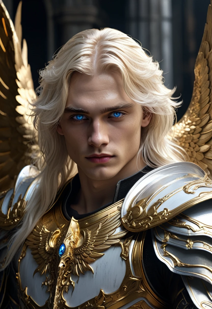 intricate detailed portrait of a fallen mâle archangel, blonde platinum long hair, piercing blue eyes, translucent pale skin, sadistic smile, grey wings, golden armor, warrior, warlord, Azazel, homme boy Tartarus, white angelic wings, broadsword, ego, (best quality,4k,8k,highres,masterpiece:1.2),ultra-detailed,(realistic,photorealistic,photo-realistic:1.37),dramatic lighting,dramatic pose,chiaroscuro,cinematic,dark fantasy,digital painting,concept art style