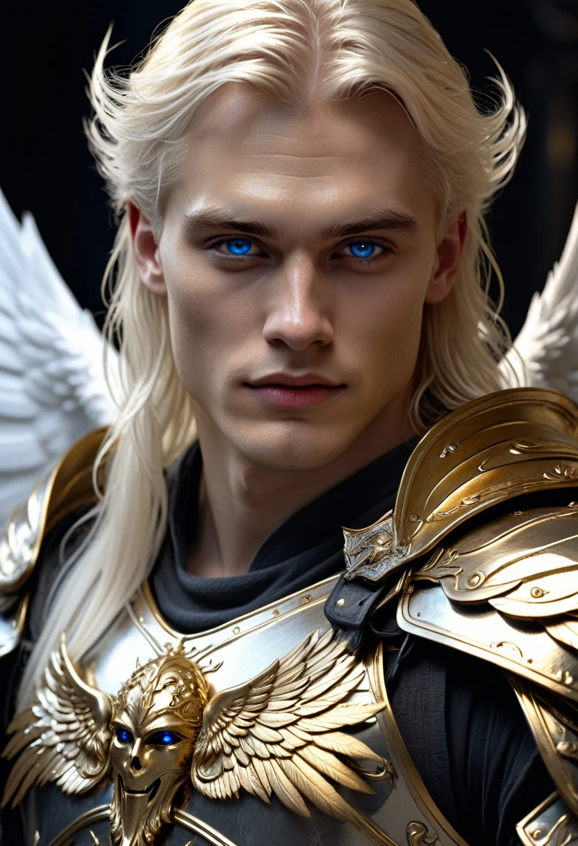 intricate detailed portrait of a fallen mâle archangel, blonde platinum long hair, piercing blue eyes, translucent pale skin, sadistic smile, grey wings, golden armor, warrior, warlord, Azazel, homme boy Tartarus, white angelic wings, broadsword, ego, (best quality,4k,8k,highres,masterpiece:1.2),ultra-detailed,(realistic,photorealistic,photo-realistic:1.37),dramatic lighting,dramatic pose,chiaroscuro,cinematic,dark fantasy,digital painting,concept art style