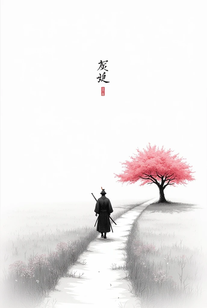 black and white drawing in Japanese style, Samurai in the distance (man, adult person) with a sword at his waist walking on a path through a field, a single pink cherry blossom tree nearby, The picture above shows a Japanese kanji "quiet". Everything is harmonious around