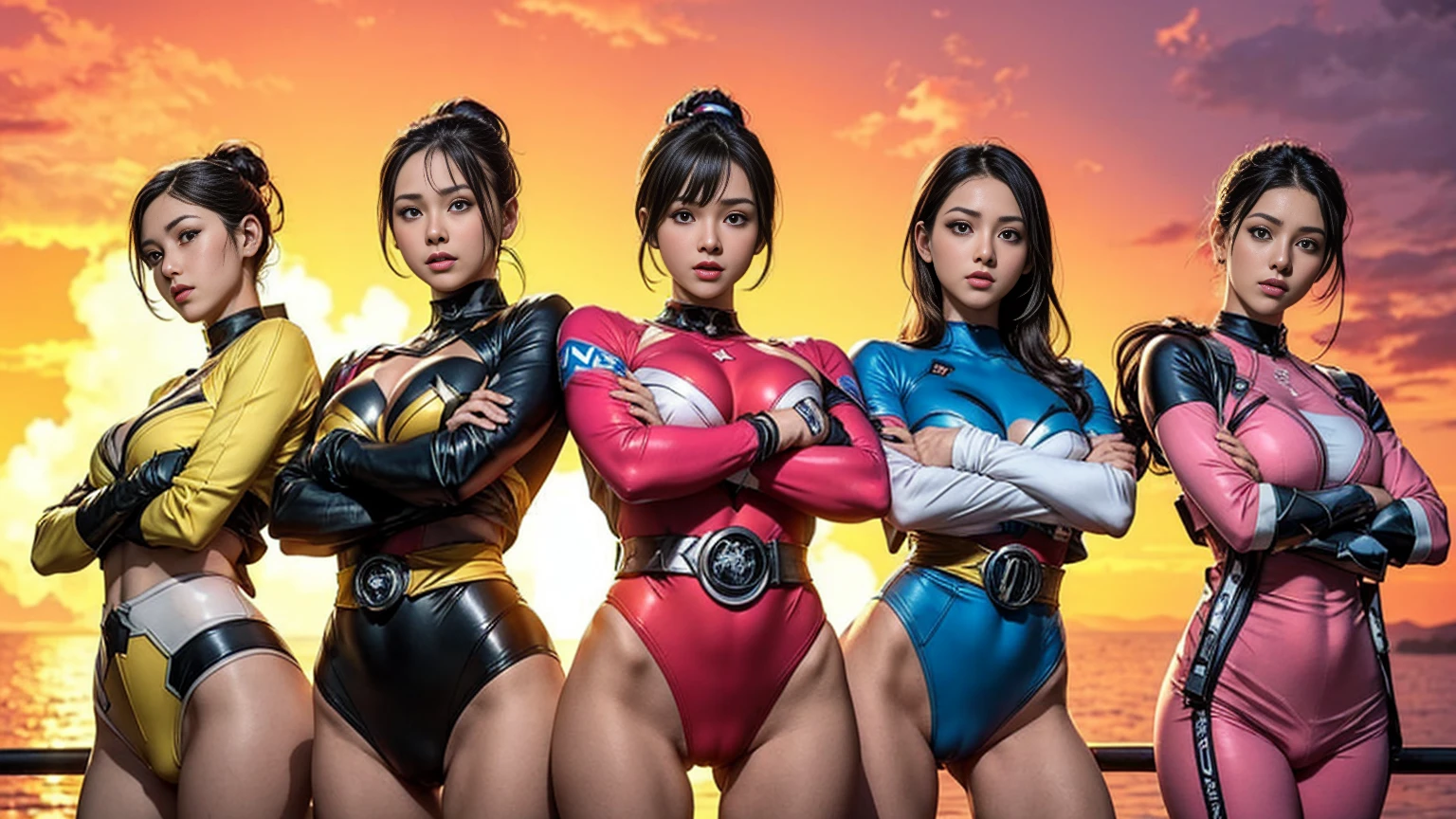 (((strong brave face))), A brave and courageous image of a five-member ranger team, female, Each one is decorated in vibrant colors.、:: vivid pink, (((red))), black, fluorescent blue, Shocking Yellow. エネルギーと勇気を醸し出す背景 dynamic tracing, Embodying the essence of the classic Sentai superhero team. Each Ranger:: The clothes are sophisticated and modern, Each color has elements that reflect its theme., Ready for action. dynamic tracing, Fighting pose, ((Camel Toe)), neon, sunset, fire, flash, back light, Plasma,