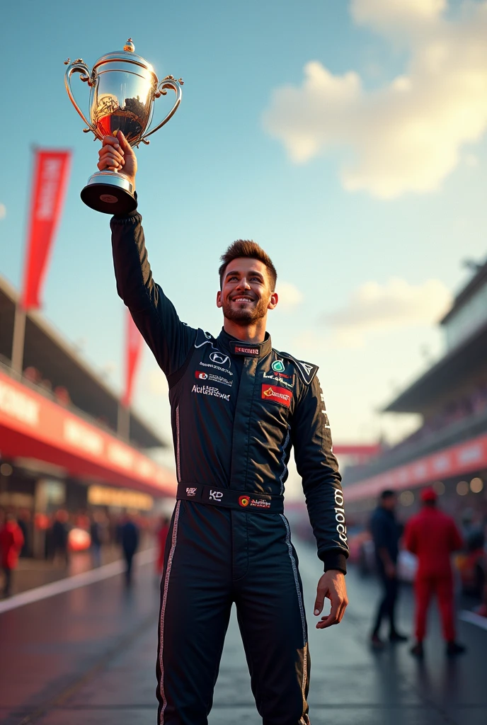 male race car driver with trophy in hand celebrating