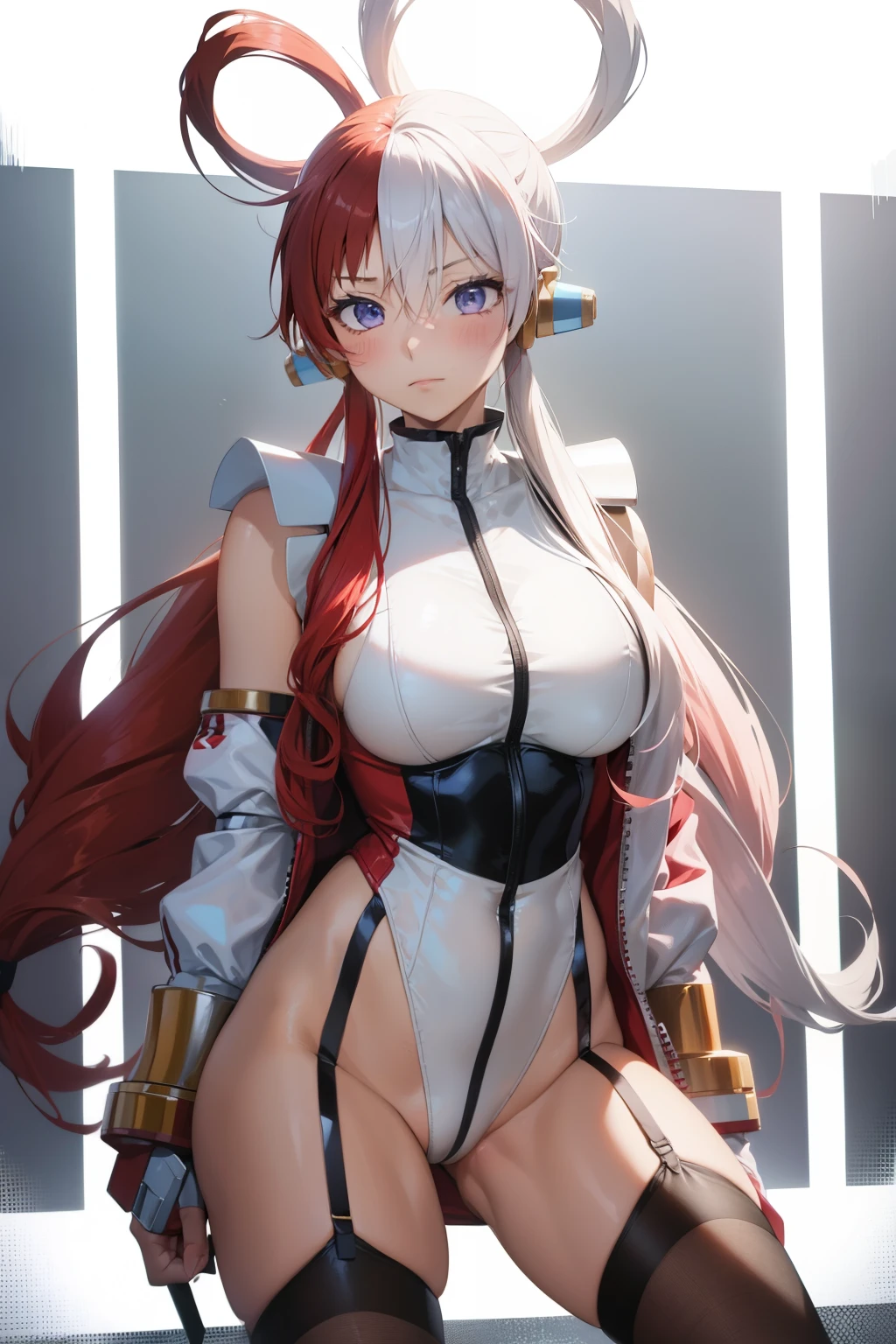 Uta , 1girl , anime , masterpiece  , red and white  hair , jaqueta aberta open clothes ,medium  breasts  ,Leotard,  sexy collant , lace stockings sexy ,  shy face ,blush . Back  