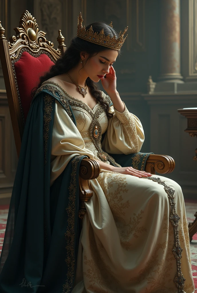 Queen in medieval clothing sitting with her hands on her head, is on its side, Only the profile is visible, She is looking down, She is sitting on a chair