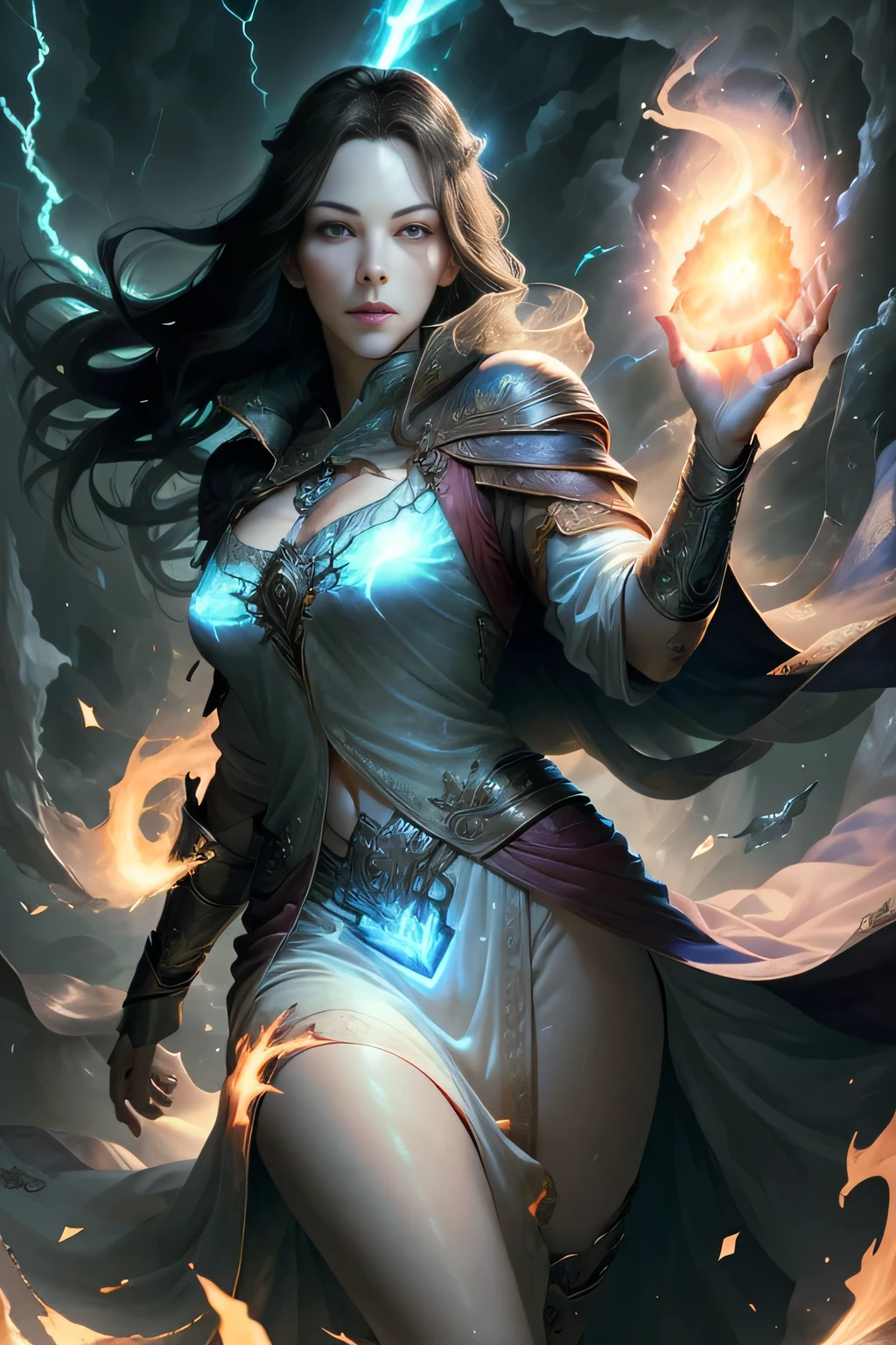 1 beautiful woman "Liv Tyler"，(Caucasian skin)， fire storm, Lightning in the hand, a skirt,glowing light eyes，light in eyes