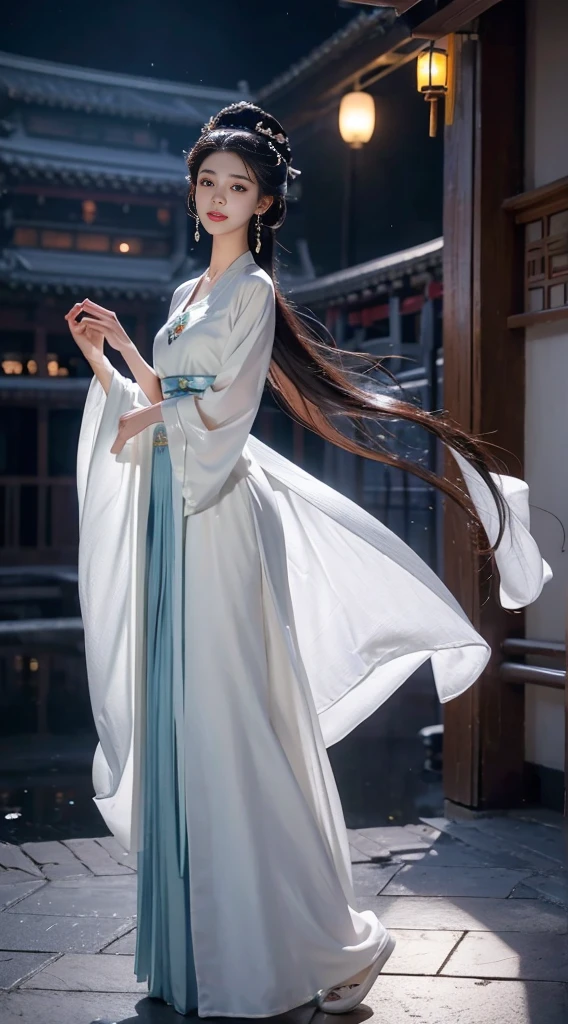 Hanfu-song, Hanfu, song theme, Bandeau, Pipe top, ((whole body)), ((from below)), ((gufeng)), Clear face, Nice face, 8k, masterpiece, original photo, best quality, detail:1.2,lifelike, detail, Very detailed, CG, unity, wallpaper, Depth of Field, Cinema lights, lens flare, Ray tracing, (extremely beautiful face, beautiful lips, beautiful eyes), complicated, detail的脸, ((ultra detailed skin)), 1 girl, in the darkness, Deep shadows, Beautiful korean girl, Hallyu idol,(Very slim figure:1.3), Slender sexy legs, elegant posture, (A big smile), (City night, (neon lights), (night), Beautiful korean girl, White diamond earrings, diameter bracelet, Dia Necklace, Clear eyes, Facing forward, (big eyes)