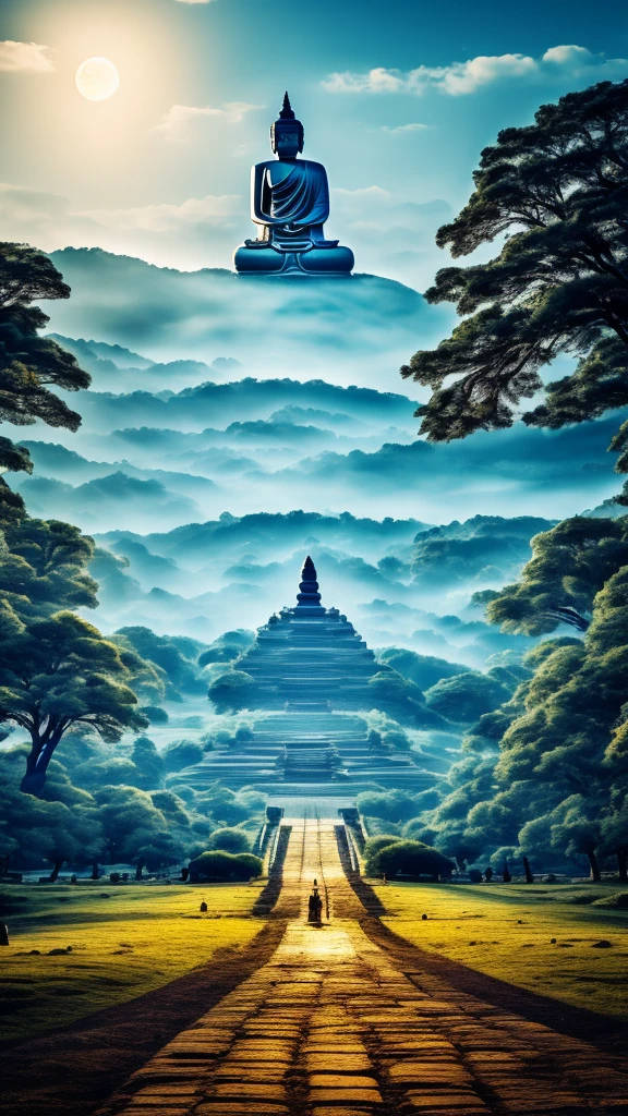 A huge Buddha statue seen in the distance, stone, texture, expensive, Majestic, Inverted Image, The background is illuminated by full moon, Towering Tree々, Pilgrims walking the road. Beautiful composition, With the masterpiece, detailed, High resolution