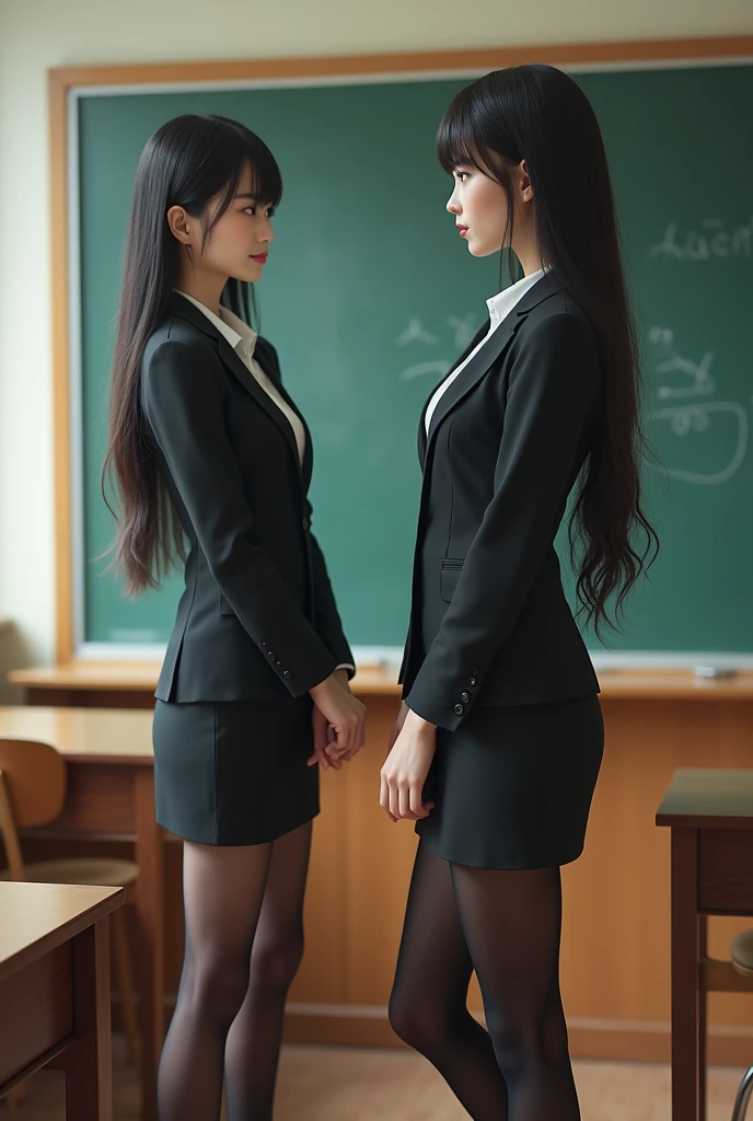Beautiful women with long legs, teacher in a suit, bare legs, tight skirt, two Japanese women, black tights, real classroom, teaching