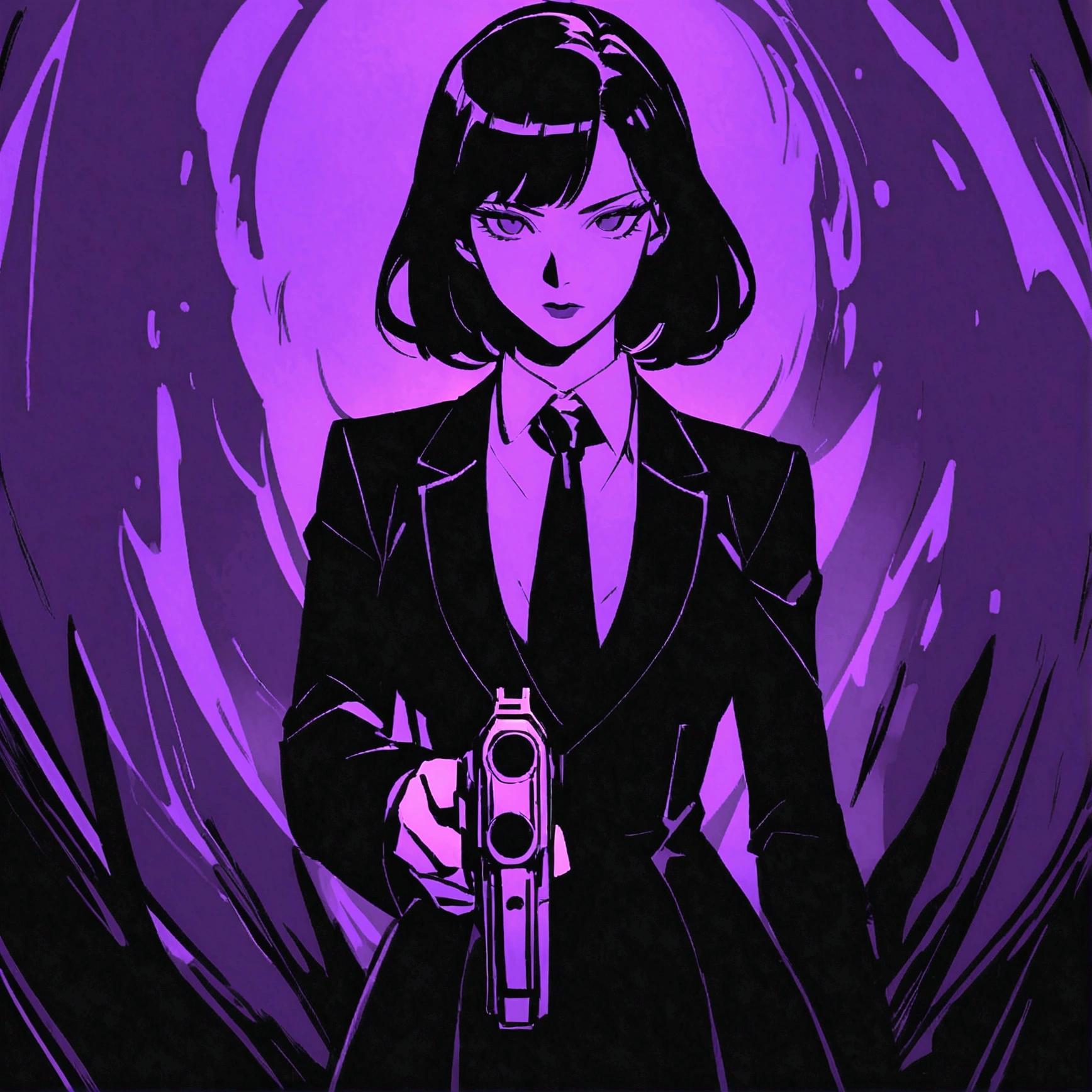 draw a lady killer with a gun, all the works are done in purple and black tones