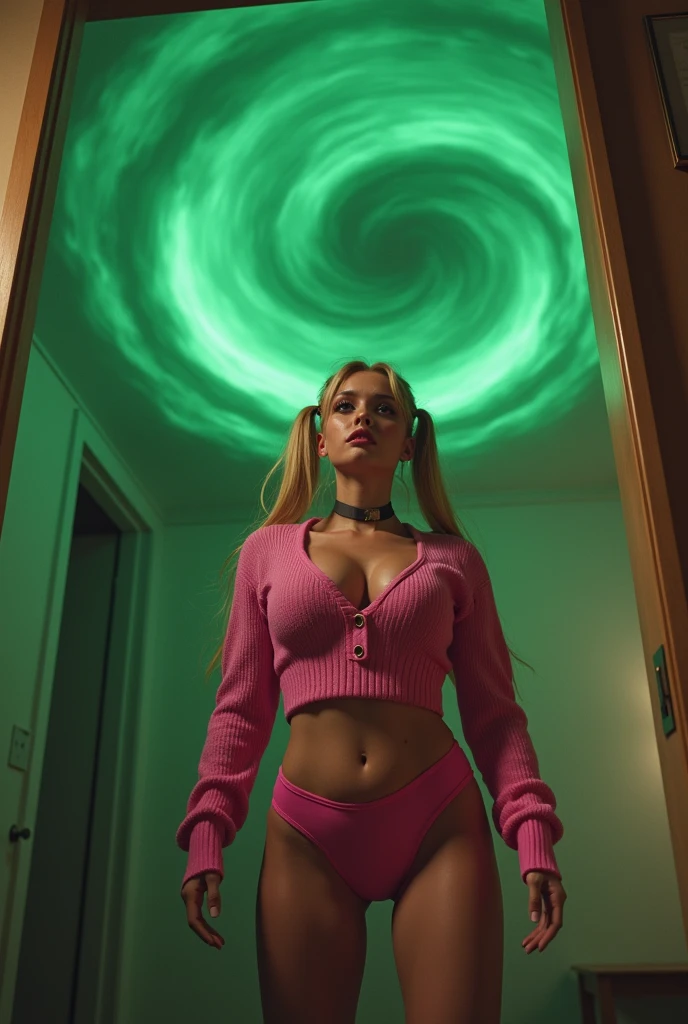 A scared preppie woman with gigantic tits and cleavage in a pink sweater and panties standing in her bedroom with a green vortex behind her. Sweaty skin. Bending over looking at the viewer. Girl has blonde pigtails
