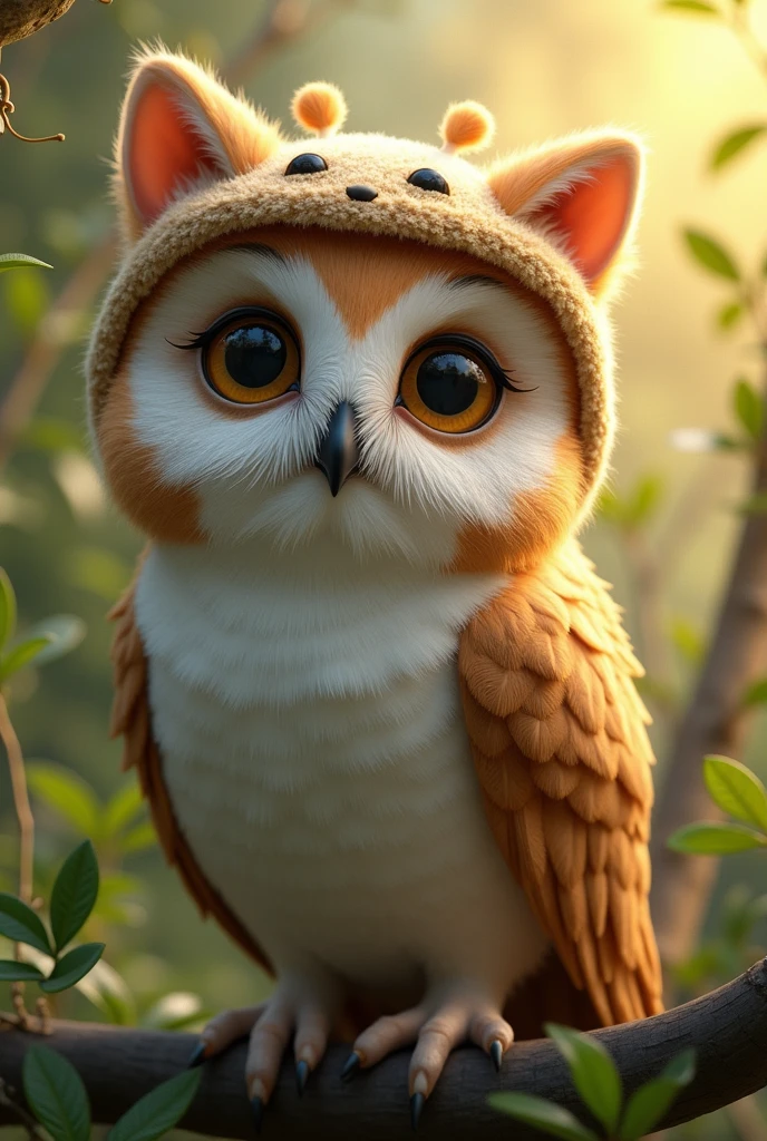 Draw a woman owl wearing a cat hat