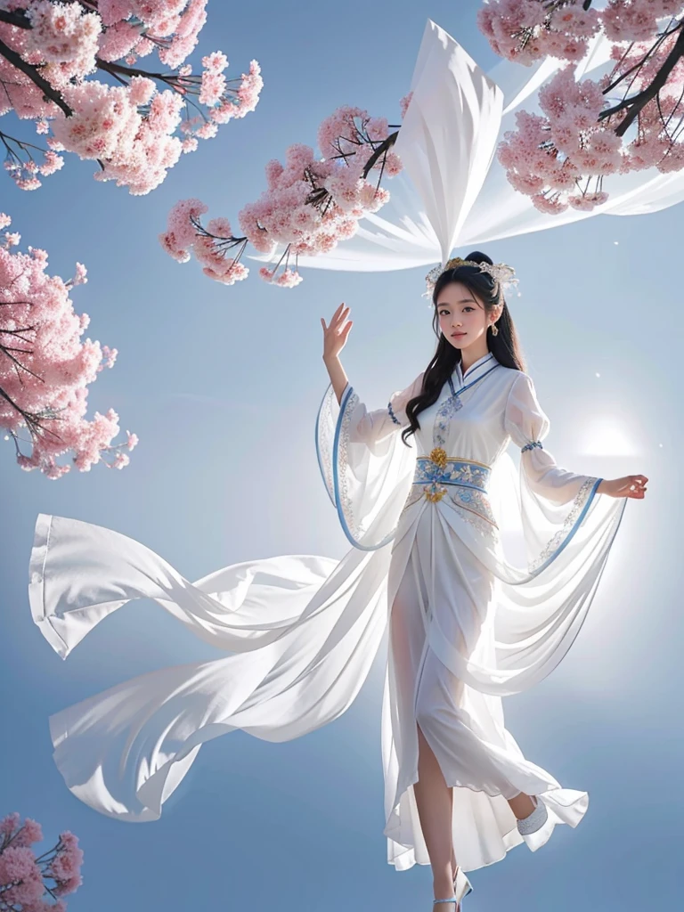 Chinese goddess,Appearances of Seven Chinese Fairies,drift,Her dress is made of tulle,fluttering clothes,The sleeves of the clothes are very long,The fairy's legs are beautiful,Fairy wearing classical Chinese bun,The goddess floats in the sky,The goddess’s face is flawless,masterpiece,8K resolution,The goddess's hands are folded,The picture is viewed from bottom to top,