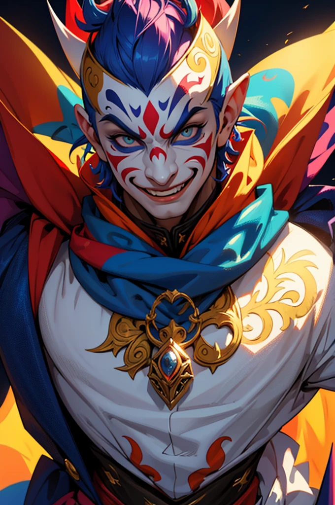 a crazy male jester, blank white mask with a smile, detailed face, intricate costume, colorful and vibrant, dynamic pose, surreal fantasy, cinematic lighting, digital art, 8k, photorealistic, highly detailed, masterpiece