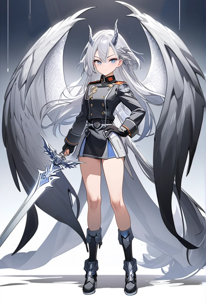 Silver Dragon Horn,mini skirt,Full body view,Holds a long sword in his left hand,Military uniform,Silver Hair Short,Silver Dragon Wings,Silver Dragon's Tail,