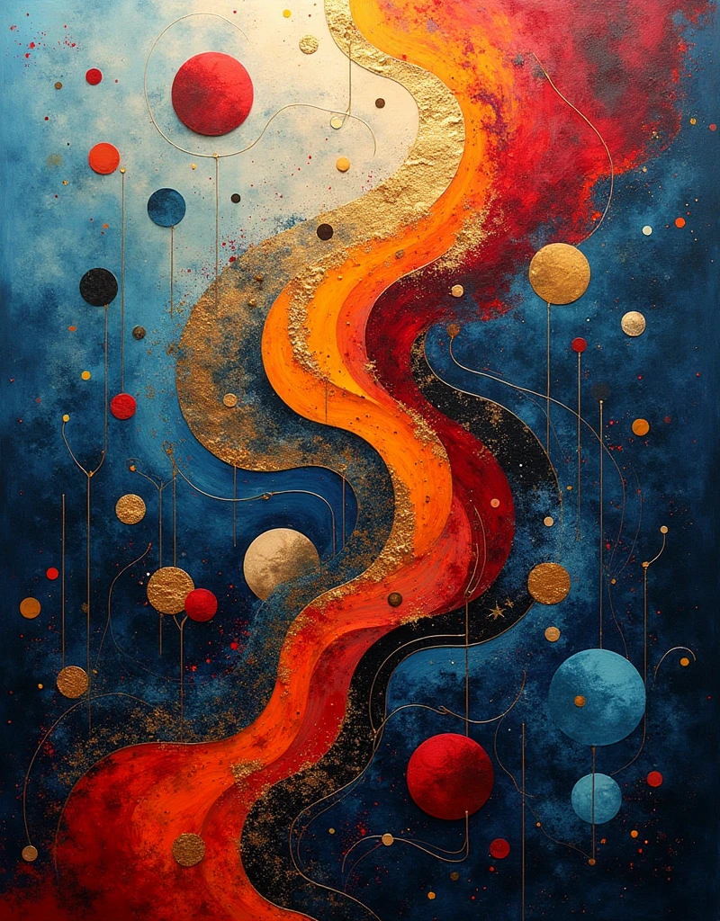 (Abstract Art:1.4), (masterpiece:1.4, best quality), (vibrant and bold colors:1.4), a dynamic and intricate composition of swirling shapes, lines, and patterns, (geometric and organic forms intertwining:1.2), (a harmonious blend of contrasting colors:1.2), (deep blues, vibrant reds, and gold accents:1.2), the background is a layered mix of textures, gradients, and splatters, creating depth and movement, (lighting that highlights the contrast between dark and light areas, adding dimension:1.2), (fluid, flowing lines combined with sharp, angular shapes:1.2), high-quality and detailed, (an atmosphere of creativity and free expression:1.2), (a sense of rhythm and balance in the composition:1.2), (abstract figures and forms emerging from the chaos:1.2), perfect image quality, symbolizing the unpredictable and ever-changing nature of art and creativity, unique and thought-provoking, captivating and surreal, a true visual experience that challenges the perception of reality