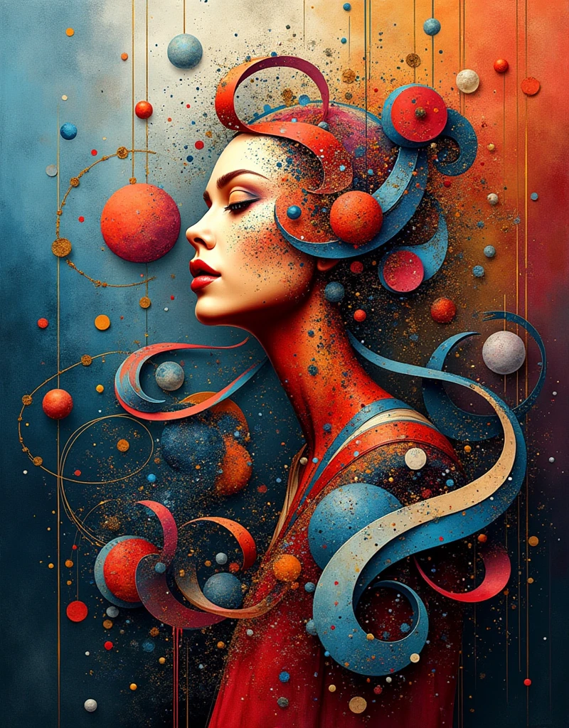 (Abstract Art:1.4), (masterpiece:1.4, best quality), (vibrant and bold colors:1.4), a dynamic and intricate composition of swirling shapes, lines, and patterns, (geometric and organic forms intertwining:1.2), (a harmonious blend of contrasting colors:1.2), (deep blues, vibrant reds, and gold accents:1.2), the background is a layered mix of textures, gradients, and splatters, creating depth and movement, (lighting that highlights the contrast between dark and light areas, adding dimension:1.2), (fluid, flowing lines combined with sharp, angular shapes:1.2), high-quality and detailed, (an atmosphere of creativity and free expression:1.2), (a sense of rhythm and balance in the composition:1.2), (abstract figures and forms emerging from the chaos:1.2), perfect image quality, symbolizing the unpredictable and ever-changing nature of art and creativity, unique and thought-provoking, captivating and surreal, a true visual experience that challenges the perception of reality
