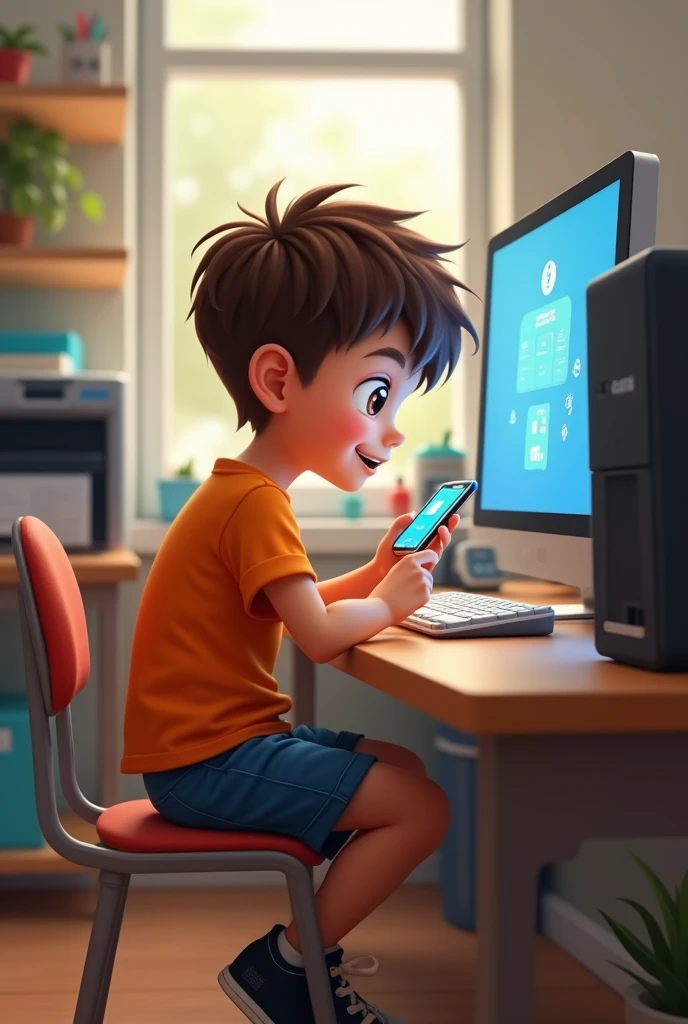 Child boy, ,eyes browns, orange shirt, shortes blue , shoes black, sitting at a desk, messing with a computer, with a cell phone in hand,and there is a printer next to it