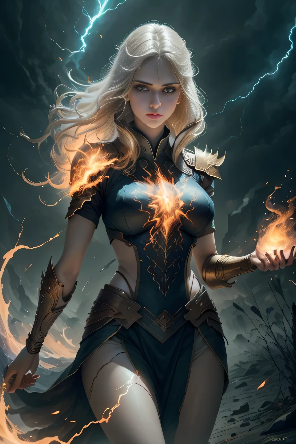 1 beautiful woman "Alexandra Daddario",(Caucasian skin), fire storm, Lightning in the hand, a skirt,glowing light eyes,light in eyes
