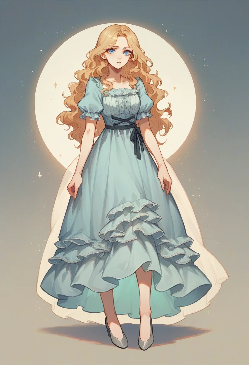 Blond girl with blue eyes and pale skin. Dressed in a gray, non-fitting dress and gray shoes. Long, slightly wavy hair. 