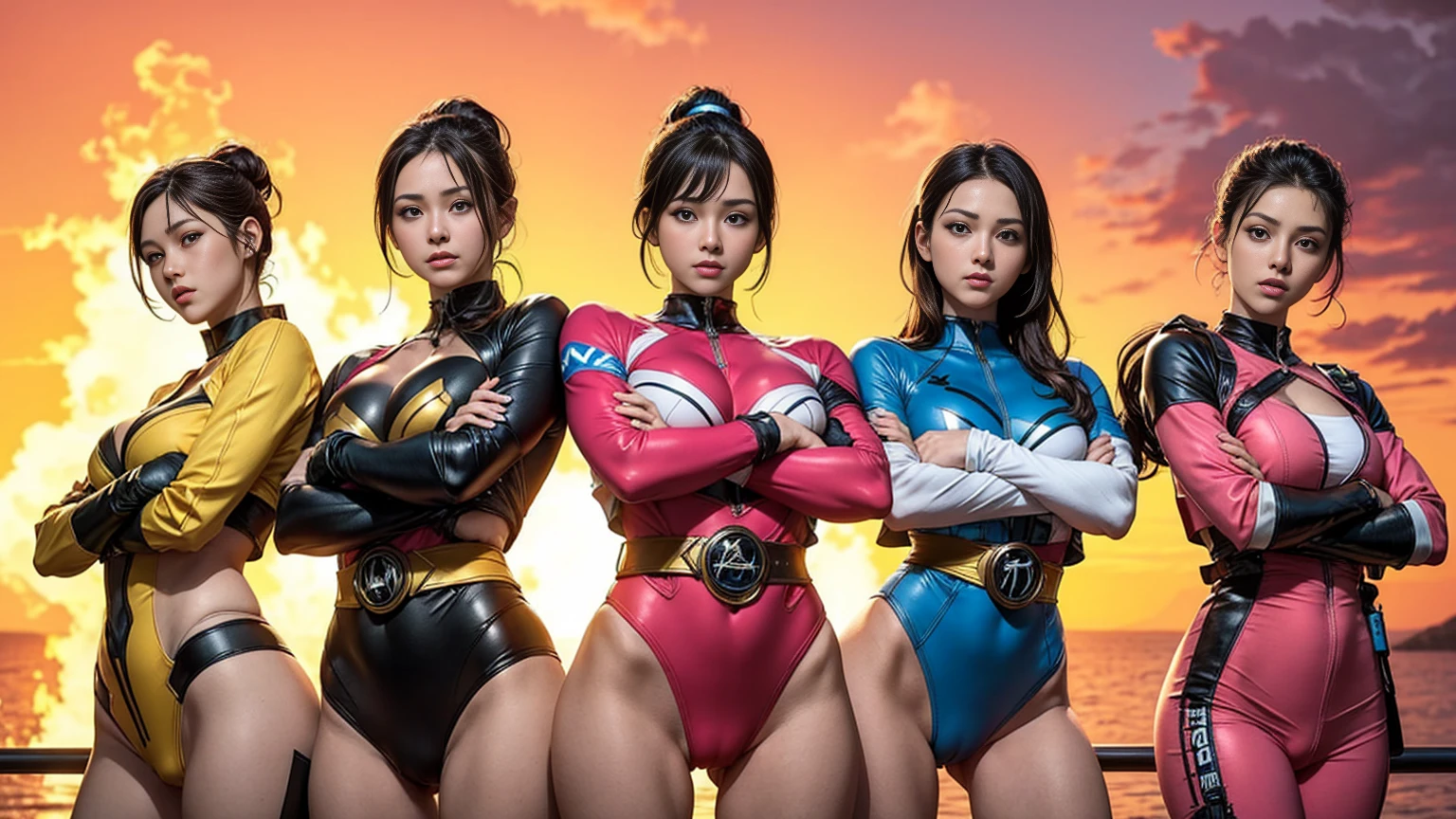 (((strong brave face))), A brave and courageous image of a five-member ranger team, female, Each one is decorated in vibrant colors.、:: vivid pink, (((red))), black, fluorescent blue, Shocking Yellow. エネルギーと勇気を醸し出す背景 dynamic tracing, Embodying the essence of the classic Sentai superhero team. Each Ranger:: The clothes are sophisticated and modern, Each color has elements that reflect its theme., Ready for action. dynamic tracing, Fighting pose, ((Camel Toe)), neon, sunset, fire, flash, back light, Plasma,