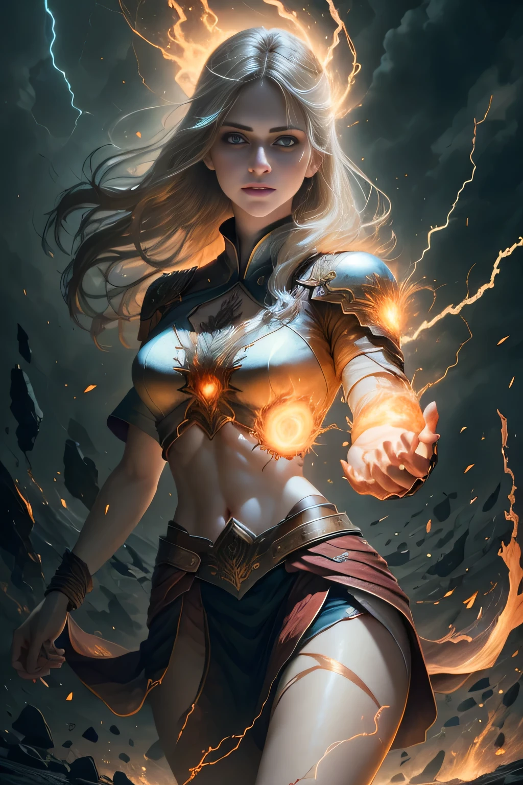 1 beautiful woman "Alexandra Daddario",(Caucasian skin), fire storm, Lightning in the hand, a skirt,glowing light eyes,light in eyes