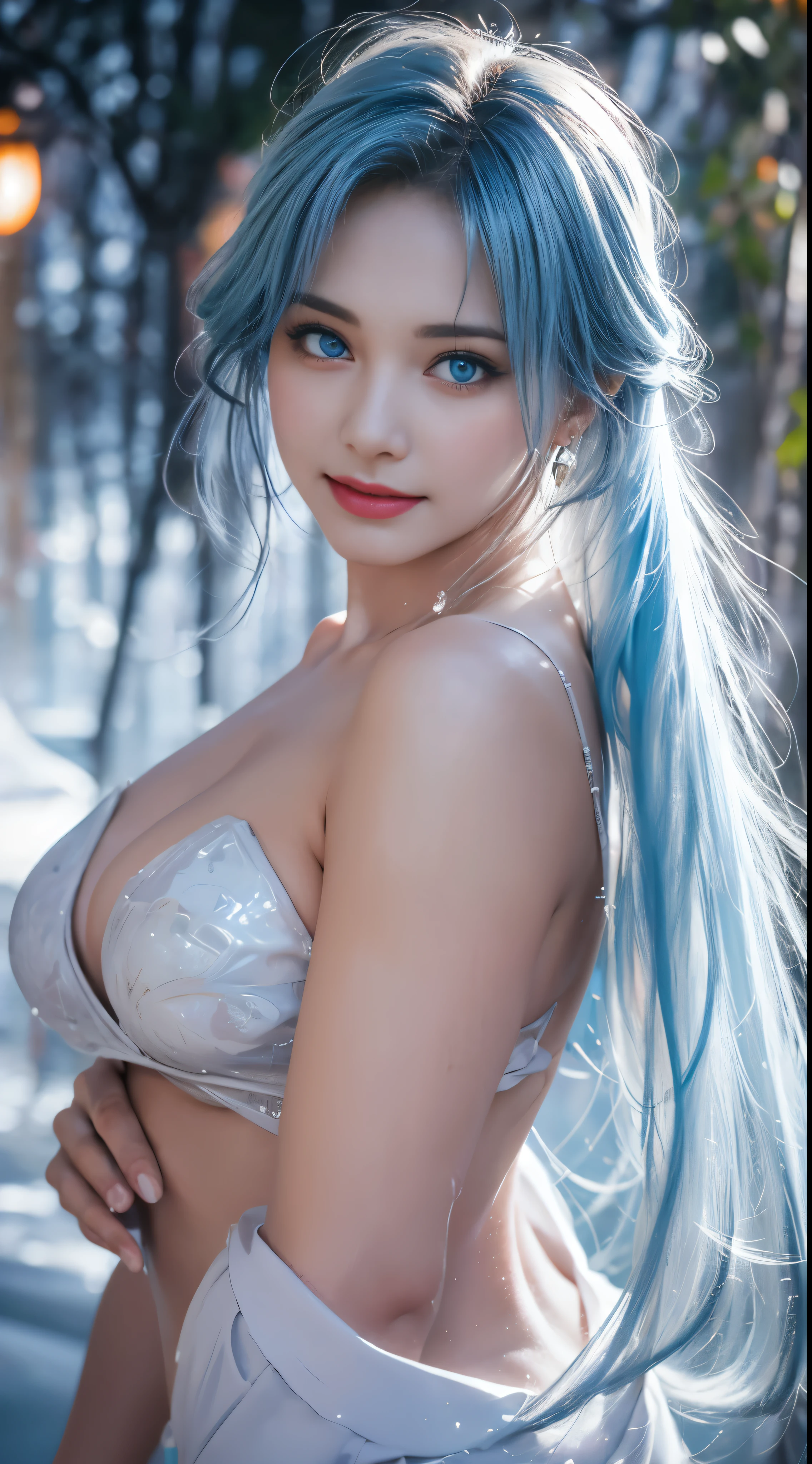 Realistic, A full portrait of a young girl, Perfect body, perfect professional pose, 20-year-old. Musical blue hair, Beautiful and realistic light blue eyes; Beautiful white teeth, Smile, Charm, Create the most beautiful and perfect face in the world, Hand-drawn, detailed, highest quality 3D 8K, Perfect white skin, Beautiful appearance, Multicolor Liquid Acrylic, Wet marble body, Michael Garmash, Daniel F. Gerhartz, Cinema Lighting, Waterfall Scenery, Volumetric lighting, Clean and smooth art, smooth pulp adventure , Gorgeous patterns, elegant organic frame, Surrealism, Masterpiece Collection, Realistic colors, Wet Gouache. Best image quality, The most detailed 8K.