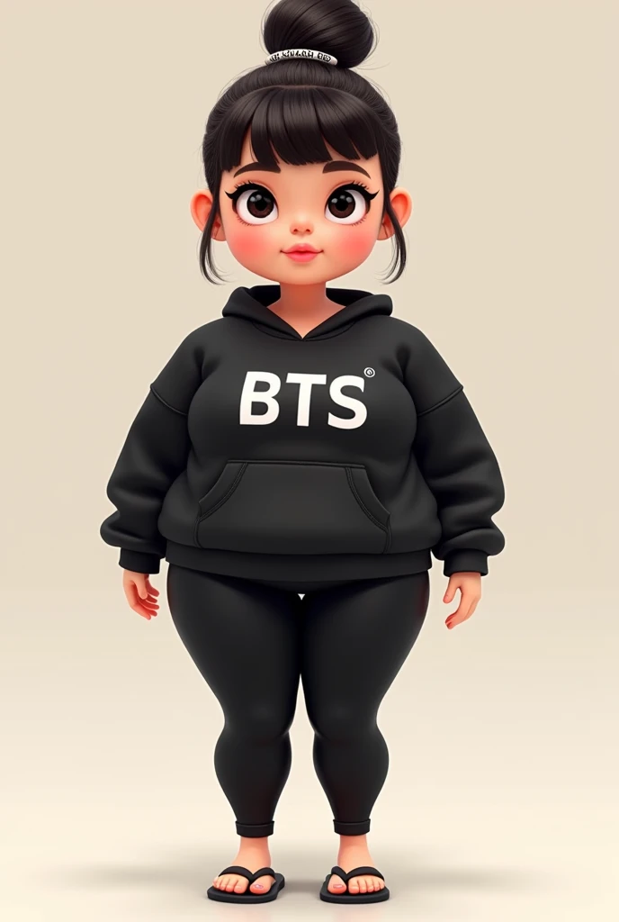 Create a cartoon-style doll, with the following characteristics: with big butt and huge thighs, black BTS sweatshirt, flip-flop sandals, straightened hair tied up in a bun with a beaded BTS bracelet, leggings, and short hair, facing the front