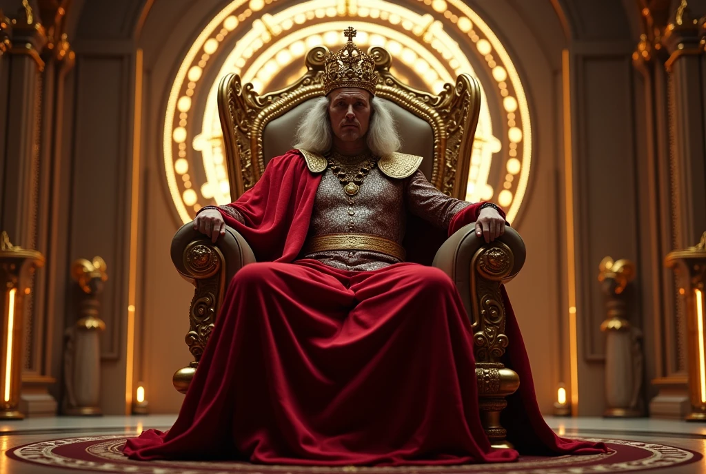 King sitting on a throne, interior of futuristic ship, Interstellar. 8k, extraterrestrial, gold on the wall