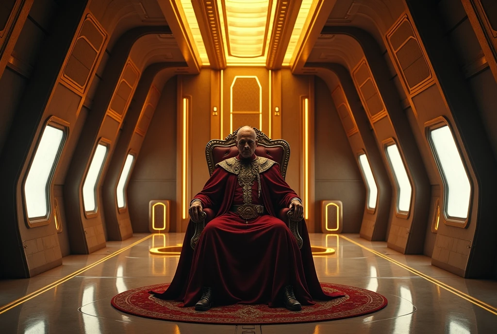 King sitting on a throne, interior of futuristic ship, Interstellar. 8k, extraterrestrial, gold on the wall