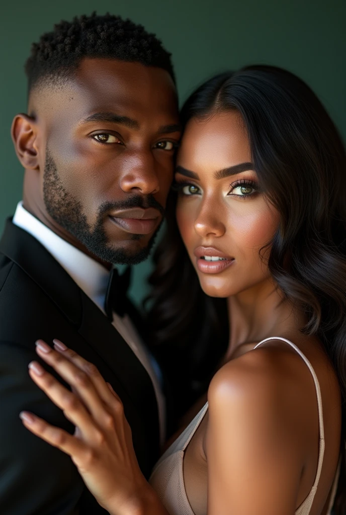 Stunning medium shot photograph of an African American couple 1 handsome black man with short fade haircut luxury black camsa, 1 beautiful Latin woman with dark skin chocolate color eyes looking at viewer emerald green color, seductive big body balanced , perfect beauty, long silky hair with waves, romantic scene, cover book art, big girl