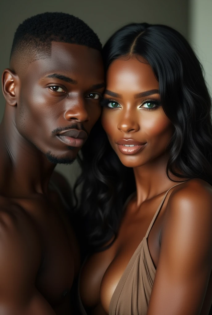 Stunning medium shot photograph of an African American couple 1 handsome black man with short fade haircut luxury black camsa, 1 beautiful Latin woman with dark skin chocolate color eyes looking at viewer emerald green color, seductive big body  balanced , perfect beauty, long silky hair with waves, romantic scene, cover book art, big girl