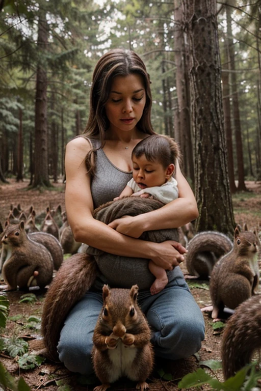 a mother squirrel holding her gray in her arms surrounded by other angry brown squirrels in a magical forest. The big squirrel is crying and the little squirrel looks scared.
