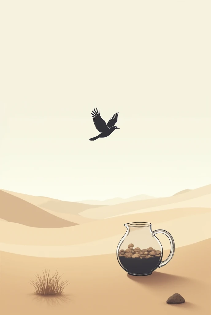 A simple and serene background, perhaps with the crow flying off into the distance.
And a little far away there is a transparent pitcher on a ground with pebbles and water inside pitcher 
The background is desert
Image size is 16 by 9